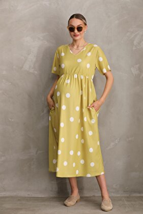 فستان طويل مطبوع برقبة على شكل حرف V - جيوب جانبية