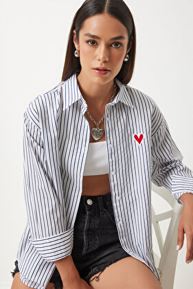 Black and White Striped Embroidered Oversize Poplin Women's Shirt - DX00016