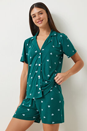 Women's Dark Green Heart Viscose Shorts Shirt Pajama Set Ec00035