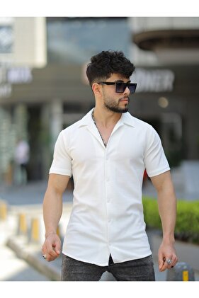 Men's White Cotton Corduroy Patterned Summer Short Sleeve Open Collar Shirt
