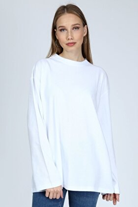 Clasy Kadın Beyaz Uzun Kollu Bisiklet Yaka Basic Oversize Sweatshirt