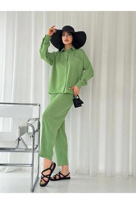 Women's Green Double Linen Shirt Pants Bottom Top Set