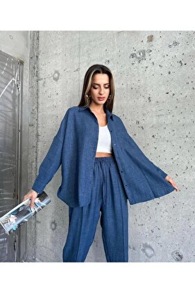 طقم قميص كتان أزرق مزدوج للسيدات، بنطلون سفلي علوي