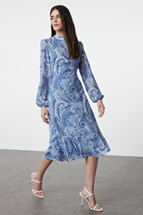 Midi Length Dark Blue Patterned Flounce Dress - TWOAW23EL01436