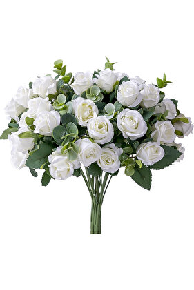 10 رؤوس زهرة صناعية من الحرير والورد الأبيض وأوراق الأوكالبتوس والفاوانيا باقة زهور صناعية لحفلات الزفاف...