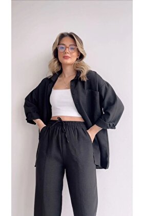 Women's Black Double Linen Shirt with Trousers, Top and Bottom Set