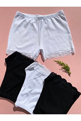 شورت نسائي من الدانتيل باللونين الأبيض والأسود، من القطن المجدول، مكون من 4 قطع - سراويل داخلية