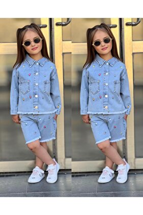 طقم شورت وسترة صيفية من الليكرا للموسم الجديد مكون من قطعتين من قماش الدنيم المطرز بالزهور القطنية