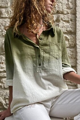 Women's Khaki Washed Linen Gradient Half Placket Blouse Gk-Rsd3009
