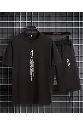 طقم شورت تي شيرت مطبوع عمودي