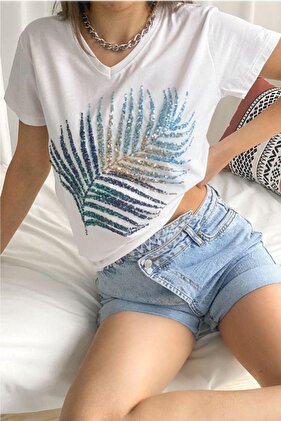 White V-Neck Leaf Sequin Detailed 100% Cotton Women's T-shirt