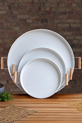 White Metal Serving 3-Piece Tray Set with Wooden Handles - 37 cm, 29 cm and 51 cm Coffee Tray