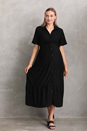 فستان بأكمام قصيرة وياقة قميص وأزرار أمامية للحوامل والأمومة