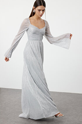 فستان سهرة محبوك فضي على شكل حرف A - فستان التخرج TPRSS24AE00211