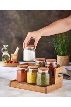 6 Lı Baharat Seti Ahşap Kapaklı Baharatlık