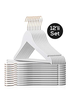 12 Adet - Beyaz Gold Kancalı Ahşap Görünümlü Plastik Askı Kıyafet Elbise Gömlek Askısı