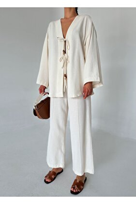 Kimono and Linen Set - Natural Bead Detail