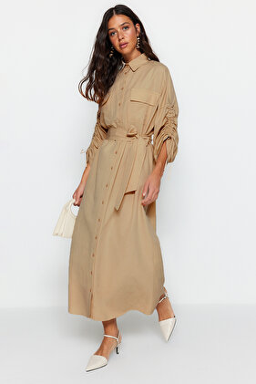 Beige Belted Sleeves Adjustable Detailed Buttoned Cotton Woven Shirt Dress Tctss23Eb00365