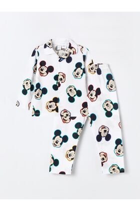 طقم بيجامة للأطفال الرضع بياقة قميص وأكمام طويلة وطبعة ميكي ماوس