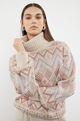Stone Ethnic Pattern Soft Texture Wide Fit Turtleneck Knitwear Sweater Twoaw24Kz00759