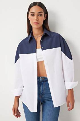Women's Navy Blue White Color Block Boyfriend Shirt DD01306