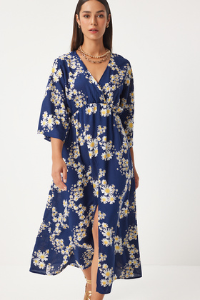 Navy Blue Patterned Viscose Summer Dress - Wraped Collar DK00166