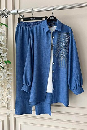 بدلة نسائية من الكتان بياقة قميص