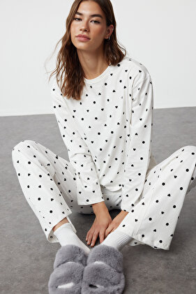 White 100% Cotton Polka Dot & Heart Knitted Pajamas Set Thmaw25Pt00039