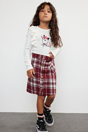 Girl's Plaid Patterned Frill Ecru Dress - TKDAW25EL00005