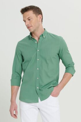 Men's Khaki 100% Cotton Oxford Slim Fit Buttoned Collar Flared Shirt