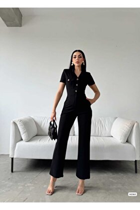 قماش كريب أسود - بذلة بطول الكاحل بياقة قميص وزر Emr335-582865