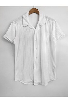 قميص رجالي صيفي قطني منقوش باللون الأبيض بأكمام قصيرة