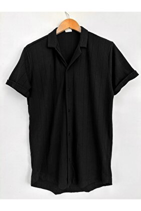 Men's Black Patterned Cotton Summer Short Sleeve Shirt