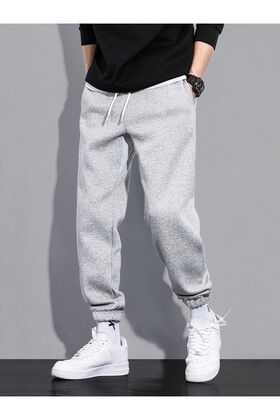 بنطال رياضي مطاطي سميك من القطن الرمادي بثلاثة خيوط