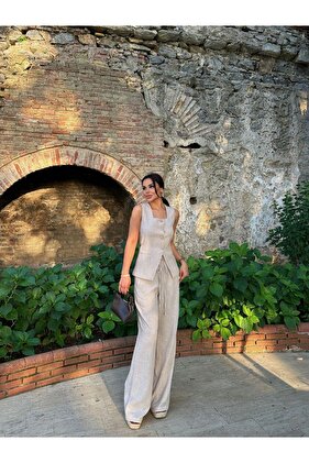 طقم كتان - سترة وبنطلون، ياقة مربعة