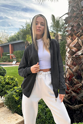 سويت شيرت بغطاء للرأس كبير الحجم بلون أنثراسيت داكن - جيب مزدوج، سحاب ALC-667-001