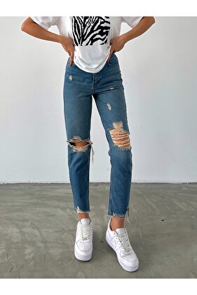 Podarta i brudna nogawka Mom Jean Dark Blue