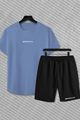 تي شيرت بروكلين مطبوع كبير الحجم، طقم علوي سفلي مكون من قطعتين