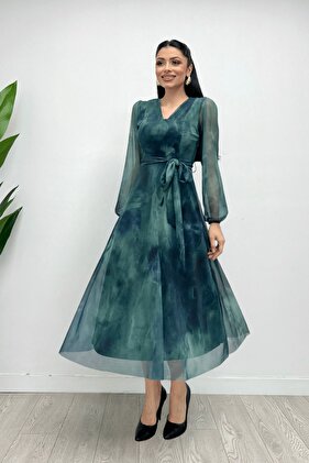 التعادل صبغ منقوشة فستان الخامس الرقبة