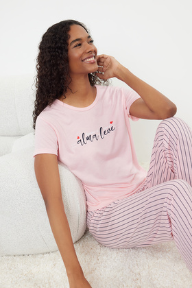 Light Pink Striped Knitted Pajamas Set - Slogan Printed THMSS24PT00251