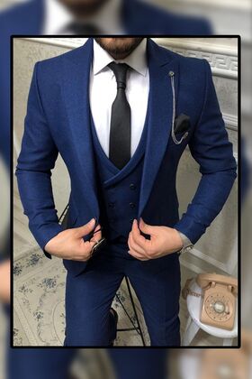 Navy Blue Slim Fit Suit (Tie - Collar Ornament - VEST)