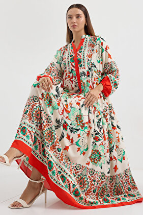 2423 فستان حجاب منقوش أصلي - أحمر