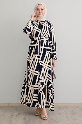 Beige Viscose Dress - Stripe and Belt Detail