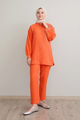 Orange Linen Set - Leaf Stone Embroidered