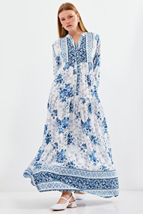 2423 Model Authentic Patterned Blue Dress