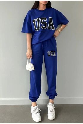 طقم تي شيرت نسائي صيفي أزرق مطبوع عليه الولايات المتحدة الأمريكية