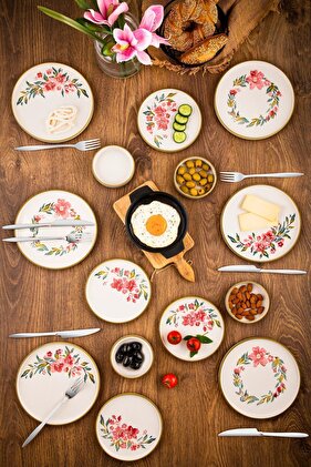 Luxury Ceramic Azalea - 14 Pieces Round Breakfast Set for 6 Persons