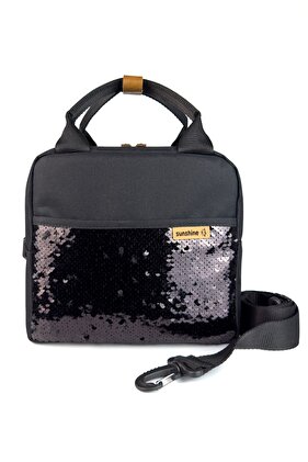 Waterproof Thermal Food Carrying Bag Supplementary Food Lunch Box with Shoulder Strap Sequin Black