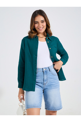 Textured Oversized Shirt with Roll-Up Sleeves