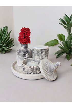 Marble Patterned Vase Set with Round Tray - Home Decoration Set with Candle Holder and Box (Candle Included)